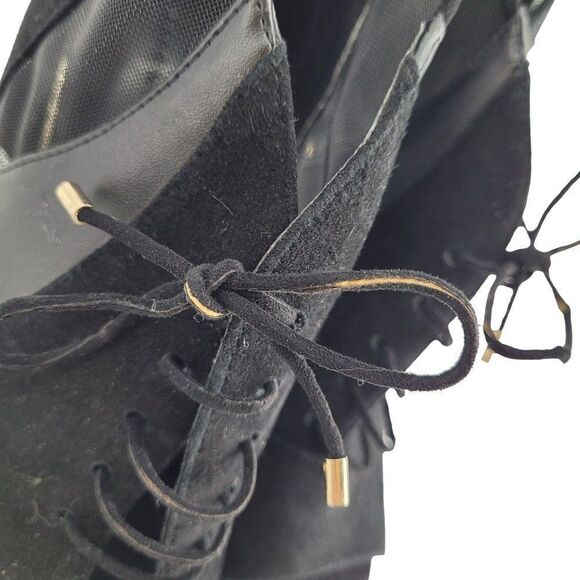 Zara Bootie Sandals 7.5 Black Leather Suede Mesh Patchwork Lace Peep Stilettos - Picture 13 of 17